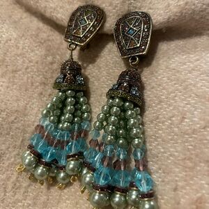 Heidi Daus Mint Green Faux Pearl with Crystals Tassel Style Clip Earrings.